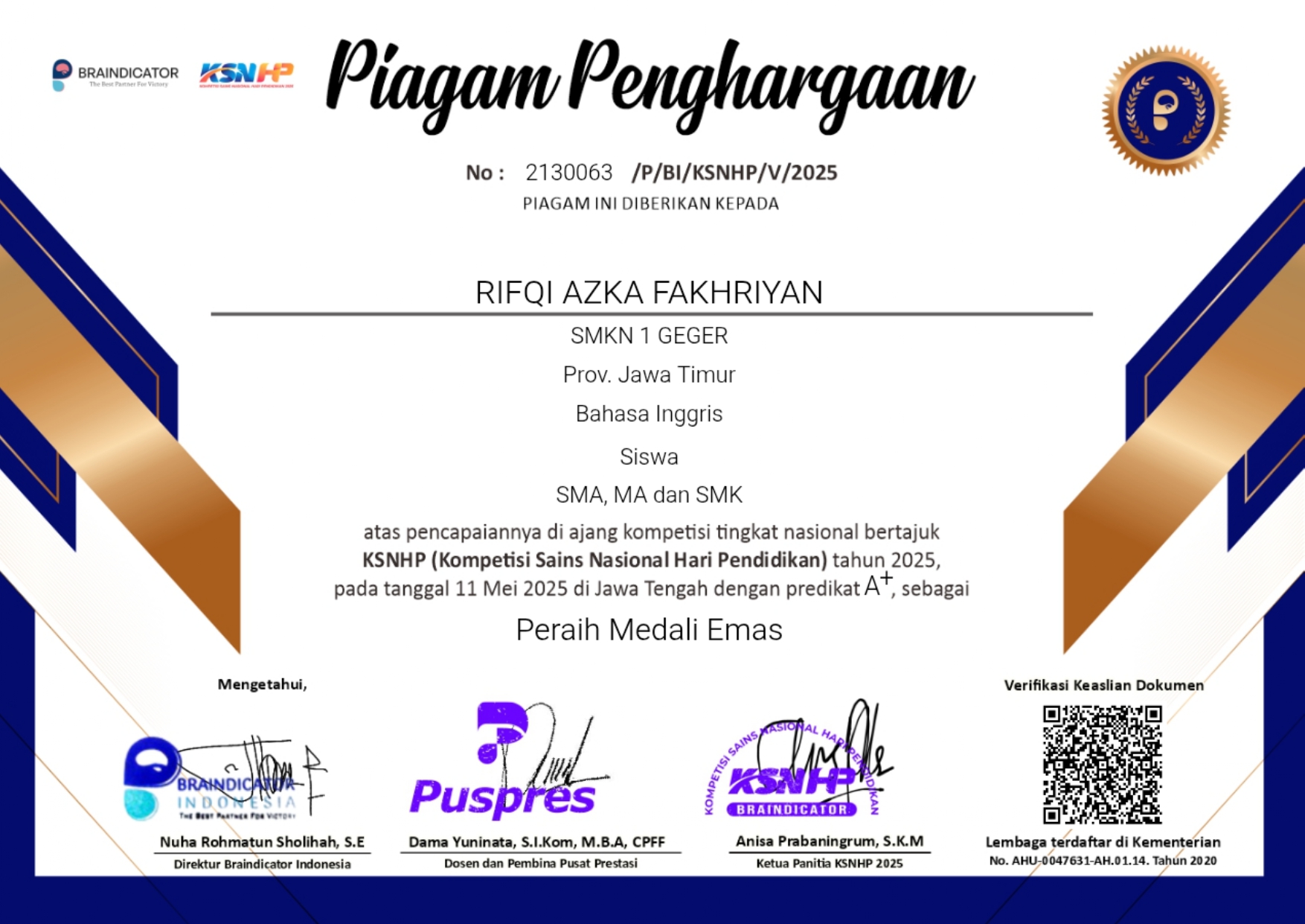 Piagam Bahasa Inggris KSN-HP 2025